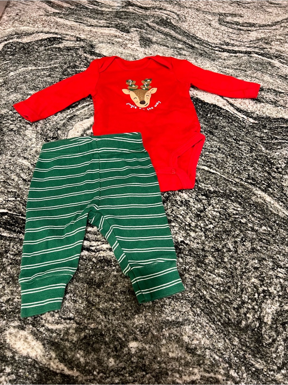 Red Reindeer Bodysuit and Green Striped Pants Matching Set - Kids
